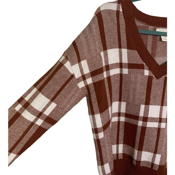 Christian Siriano Brown Plaid Pullover V Neck Sweater, Size L - Picture 3 of 5